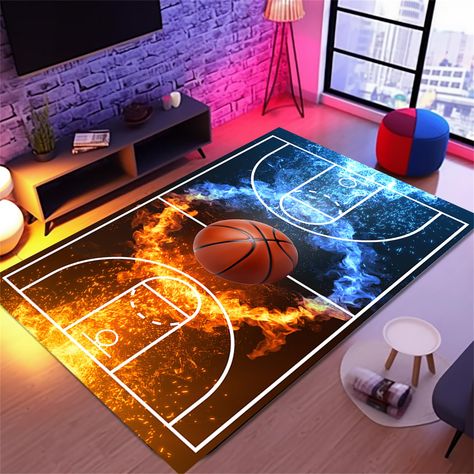 Kids Basketball Room, Boys Sports Bedroom Ideas, Dj Bedroom, Kids Sports Bedroom, Boys Bedroom Rugs, Bedroom Wishlist, Basketball Themed Bedroom, Basketball Theme Room, Basketball Room Decor