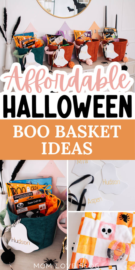 Photo collage of boo basket ideas with text that reads "affordable halloween boo basket ideas." Simple Boo Baskets For Kids, Boo'd Basket Ideas, Boo Basket Examples, Boo Buckets Ideas, Cheap Boo Basket Ideas Diy, Boo Bag Ideas Kids, Coraline Spooky Basket, Easy Cheap Boo Baskets, Dollar General Boo Basket