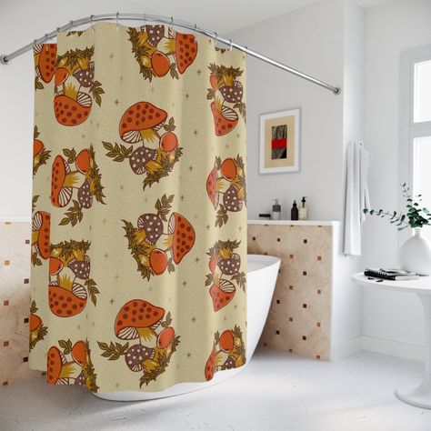 Retro Bathroom Ideas, Vintage Mushroom Decor, Hippie Living Room, Groovy Room, Atomic Decor, Merry Mushroom, Retro Shower Curtain, Orange Color Schemes, Mid Century Modern Christmas