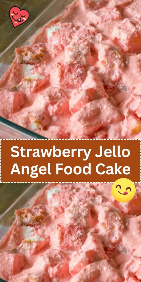 A light and airy angel food cake combined with strawberry jello, creating a moist, fruity dessert, often topped with whipped cream or fresh strawberries. Angel Food Cake Pineapple Cool Whip, Angel Food Jello Cake, Angel Food Cake With Frosting, Angel Food Cake And Strawberries Dessert, Angel Cake Desserts, Strawberry Angelfood Cake Dessert, Strawberry Jello Angel Food Cake Dessert, Strawberry Angel Food Cake Dessert Easy, Angelfood Cake With Strawberries