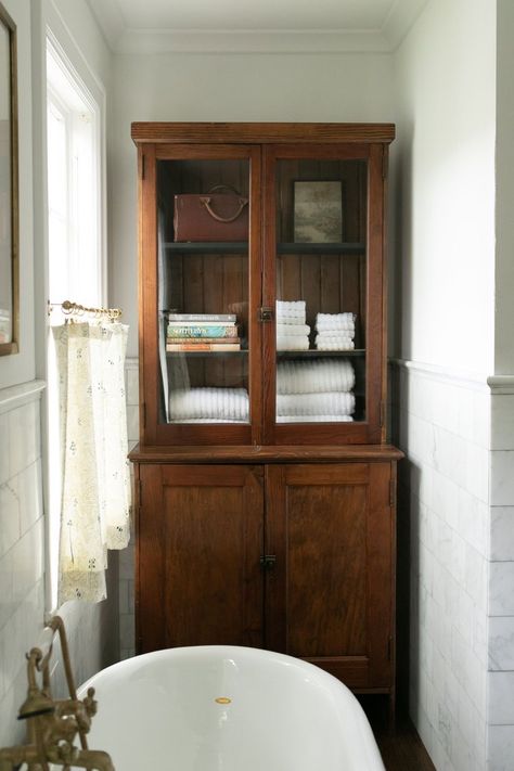 Bathroom Hutch, The Misfit House, Misfit House, Woman In Business, Vintage Hutch, Light And Dwell, Rustic Bathrooms, Bath Room, Vintage Bathroom