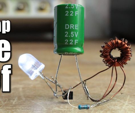 Supercapacitor Joule Thief: In this project I will show you how I created a very popular and easy to build circuit, the joule thief, in order to power LEDs with voltages from 0.5V to 2.5V. This way less power from the used supercapacitor is unusable. Joule Thief, Basic Electronic Circuits, Simple Electronics, Basic Electrical Wiring, Free Energy Projects, Electronic Circuit Design, Electrical Circuit Diagram, Induction Heating, Electronic Circuit Projects