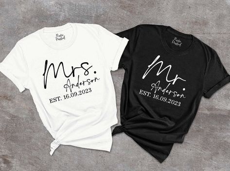 "Personalized Mr. And Mrs. Shirt,Custom Wifey Hubby Shirts,Just Married Shirt,Wedding Anniversary Gift,Matching Couples Shirt,Honeymoon Gift ----- How To Order ----- 1-) Please, check and review all the photos. 2-) Choose your t-shirt size and color. *Different styles of shirts may have different shades of same color choice due to different manufacturer brands. *For this reason, we recommend you to match shirts from the same styles if you want precisely matching colors (ex. Unisex, V-necks, Toddler, etc.). 3-) Click add to cart. You can go back to add more shirts. 4-)Click \"Proceed to check out\". 5-)When you check out, you can add a note to seller for any request. ----- Unisex Shirts ----- * Unisex t shirt fits like a well-loved favorite, featuring a crew neck, short sleeves and designed Newlywed Shirts, Hubby Wifey Shirts, Suit Prom, Honeymoon Gift, Married Shirt, Christian Couples, Designer Outfit, Mrs Shirt, Honeymoon Shirts