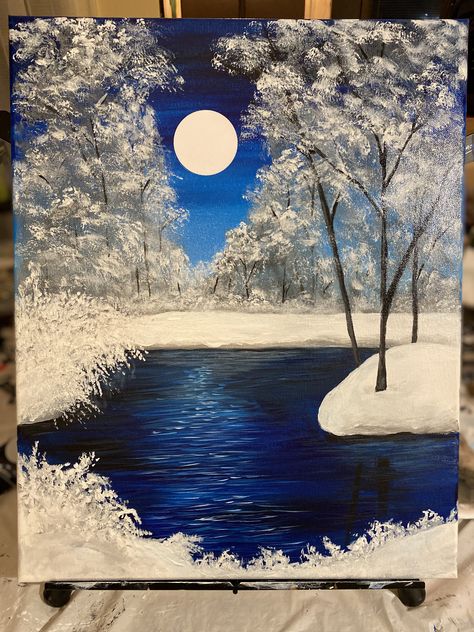 Cold Painting Ideas, Seasonal Acrylic Paintings, Snow Paintings On Canvas, Winter Peisage Drawing, Snow Mountain Painting Acrylic, Acrylic Snow Painting, Winter Landscape Painting Easy, Snow Painting Acrylic Winter Scenes Easy, Winter Painting Ideas Acrylic