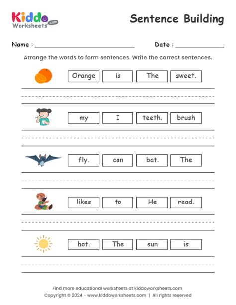 Free Printable Sentence Building Worksheet - kiddoworksheets Building Sentences Worksheets, Sentence Building Kindergarten, Tutoring Reading, Sentence Building Worksheets, Writing Sentences Worksheets, Sentence Building Activities, Shape Activities, Shape Activities Preschool, Cvc Words Worksheets