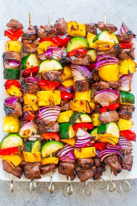 Grilled Steak Kabobs — Juicy steak with sweet bell peppers, onions, zucchini, and pineapple for the PERFECT sweet-and-savory kabob!! You'll want to fire Skewers In The Oven, Veggie Steak, Grilled Steak Kabobs, Grilled Kabob Recipes, Grilling Kabobs, Steak Kabobs, Kabob Skewers, Averie Cooks, Bbq Skewers