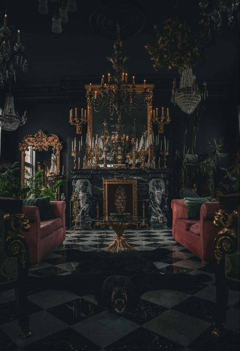 Moody Maximalist Living Room, Gothic Bohemian Decor, 1920s Speakeasy Aesthetic, Speakeasy Decor Bar, Gothic Revival Interior, Living Room Bar Ideas, Moody Maximalism, Moody Maximalist, Dark Homes