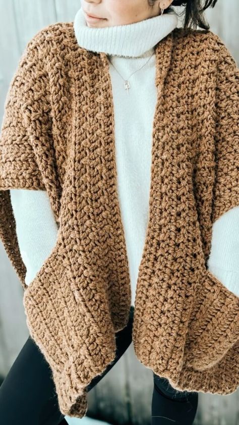 Crochet Scarf With Pockets Pattern Free, Chunky Vest Crochet Pattern, Super Bulky Weight Yarn Crochet Patterns, Bully Yarn Crochet Patterns, 300 Yd Crochet Pattern, Crochet Projects With One Skein, Crochet Sweater Blanket, Lion Brand Respun Crochet Patterns, Super Chunky Crochet Cardigan Pattern Free