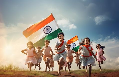 Happy Independence Day Images, Children Running, Indian Independence, Indian Independence Day, Independence Day Images, Nature Art Drawings, Flyer And Poster Design, Indian Flag, Floral Border Design