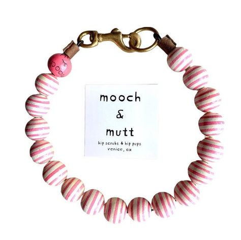 STRIPES (PRETTY IN PINK) Make a statement with this Colourful Hand painted WOODEN BEAD durable Collar! For the MOST HIP dog in town.  Built to last not just to look good! solid Brass Snap hook and O ring.  Mooch and Mutt    Give your PUP some LOVE with The STRIPE Collar ! As UNIQUE as your DOGGY ❤️ Hand painted wood beads that are strung on 300 tensile strength aerospace wire. Solid Brass snap hook and O ring not only looks good but is durable and weather proof!  Collar is made to wear for even the dogs that like to pull!  Most beads are between 18-20 mm  Painted and coated Virtually Indestructible!!   IMPORTANT ⚠️ SIZING INSTRUCTIONS  1. Use a cloth tape measure   2. Measure around the middle of the neck where you want collar to hang. Please measure snuggly. Not loose. I will add the amou Beaded Dog Collar Diy, Diy Dog Collar, Collars Diy, Beaded Dog Collar, Diy Collier, Wooden Bead Necklaces, Cloth Tape, Ring Der O, Le Crochet