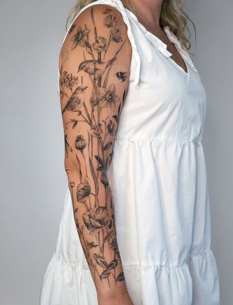 Garden Vine Tattoo, Patchwork Sleeve With Vines, Floral Sleeve With Butterflies, Botanical Arm Band Tattoo, Garden Theme Sleeve Tattoo, Floral And Insect Tattoo, Butterfly Garden Tattoo Sleeve, Flower Garter Tattoo, Wildflower Tattoo Sleeve