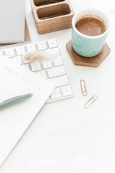 Earthy, neutral desktop & workspace styled stock photography featuring keyboard, notepad, pen, paper clips and espresso cup. #hautestock #workspace #stockphotography #styledstockphotography #femaleentrepreneur #blogger #socialmedia #graphicdesign Earthy Office, Feng Shui Your Desk, Feng Shui Office, Desktop Photography, Teal Color Palette, Styled Desktop, Office Pictures, Residual Income, Styled Stock Photography