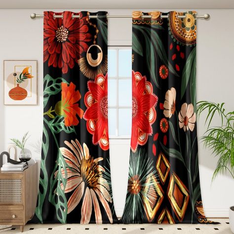 PRICES MAY VARY. ☀️️𝟭𝟬𝟬% 𝗙𝗨𝗟𝗟 𝗕𝗟𝗔𝗖𝗞𝗢𝗨𝗧 𝗖𝗨𝗥𝗧𝗔𝗜𝗡𝗦: Set includes 2 panels of bohemian flower blackout curtain（52 inch wide by 108 inch long each). Each panel has 8 grommets. The interior diameter of the hole is 1.6 inch. It's easy to hang. Curtains are made of 100% high quality polyester fabric. Bohemian-style blackout curtains featuring a rich and colorful botanical floral design offer an exquisite blend of functionality and decorative charm. 🚫𝗘𝗙𝗙𝗘𝗖𝗧𝗜𝗩𝗘 𝗟𝗜𝗚𝗛𝗧 One Curtain Panel On Window, Black Floral Curtains, Chinoiserie Curtains, Bold Curtains, Floral Drapery Fabric, Black Out Curtains, Boho Bed, Room Cooler, Grey Slate