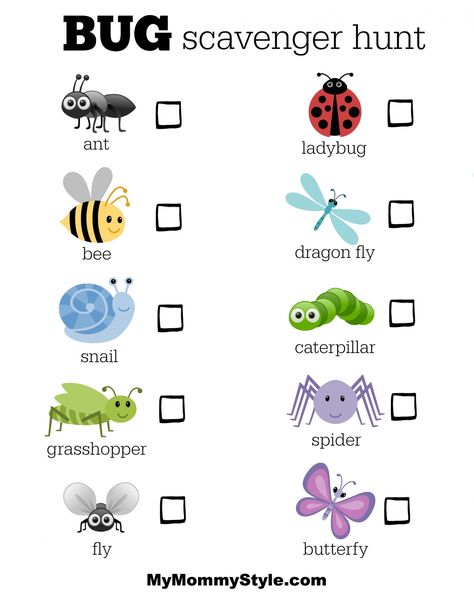 Free Printable Bug Scavenger Hunt Game Bug Scavenger Hunt Free Printable, Bug Games For Kids, Bug Scavenger Hunt, Insect Study, Bug Activities, Insects Preschool, Bugs Preschool, Insects Theme, Scavenger Hunt For Kids