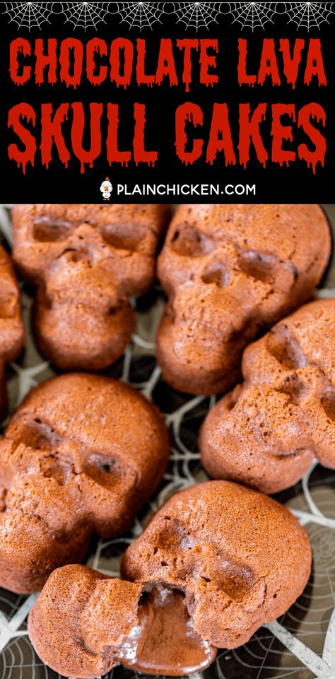 Chocolate Lava Skull Cakes - seriously delicious and PERFECT for your Halloween parties! Only 5 simple ingredients - chocolate chips, butter, eggs, powdered sugar, flour. They only take a minute to whip up and are ready to eat in about 15 minutes. Serve the cakes with some whipped cream and/or vanilla ice cream. Delicious and frightfully festive!! #halloween #chocolate #chocolatelavacake #cake #quickdessert Skull Lava Cake, Halloween Munchies, Skull Cake Pan, Skull Cakes, Postres Halloween, Skull Cake, Happy Haunting, Chocolate Lava, Halloween Chocolate