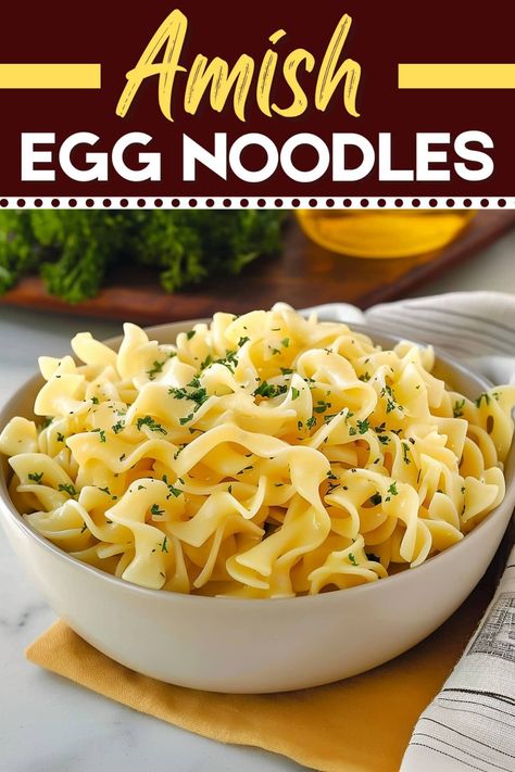 These Amish egg noodles are creamy, comforting, and delicious! The simple blend of parsley and butter is the perfect coating for tender pasta. Pasta Nest Recipes, Noodles For Thanksgiving Dinner, Creamed Noodles, Side Dishes With Egg Noodles, Amish Buttered Noodles, Recipe For Egg Noodles, Wide Egg Noodles Recipes, Egg Noodle Side Dishes, Diy Egg Noodles