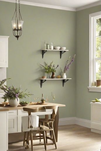 Discover the top kitchen wall paint choice for 2024 - CLARY SAGE (SW 6178) - and elevate your kitchen's style effortlessly. #ad      #PaintYourSpace  #ColorfulInteriors  #DIYpainting  ##DIYhomedecor  #cozyhome Colour Scheme For Kitchen, Sage Walls Kitchen, Sage Dining Room Walls, Green Paint Kitchen Walls, Sage Kitchen Walls, Green Walls Kitchen, Sage Green Wall Color, Light Green Kitchen Walls, Kitchen Green Walls