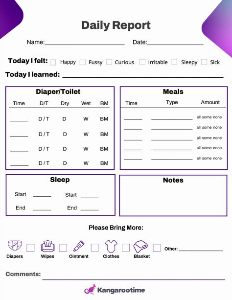 A toddler daily report will give your centers’ parents and families a peek into their child’s day. This helps improve parent engagement, build trust and credibility, and adds value to your center. This template allows you to share what each toddler ate, when they slept, new things they learned, how they felt, and more. This toddler template is easy to download and print and can be used every day at your center. Preschool Daily Report Printable Free, Infant Daily Report Printable Free, Preschool Daily Sheet, Daycare Daily Report, Toddler Daily Report, Preschool Daily Report, Infant Daily Report, Daily Report Template, Daycare Organization