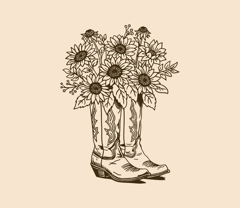 Cowboy Boots With Sunflowers Tattoo, Cowboy Boot Bouquet Tattoo, Cowboy Boot With Sunflower Tattoo, Cowboy Boots With Flowers Drawing, Sweetest Of The Sunflowers Tattoo, Cowboy Boots And Hat Tattoo, Cowboy Boot Clipart, Boot Clipart, Cowboy Boots Drawing