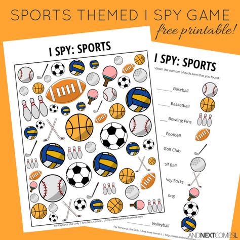 Sports Themed I Spy Game {Free Printable for Kids} | And Next Comes L Sport Themed Crafts, Spy Games For Kids, Sports Activities For Kids, Sports Theme Classroom, Printable Sports, I Spy Games, Spy Games, Sport Volleyball, Sport Craft