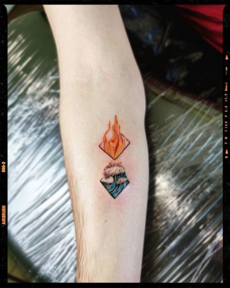 Inspiration Water And Fire Matching Tattoo, Rhombus Tattoo, Element Tattoo Ideas, Fire And Ice Tattoo, Fire And Water Tattoo, Small Friendship Tattoos, Small Symbol Tattoos, Element Tattoo, Tato Tradisional