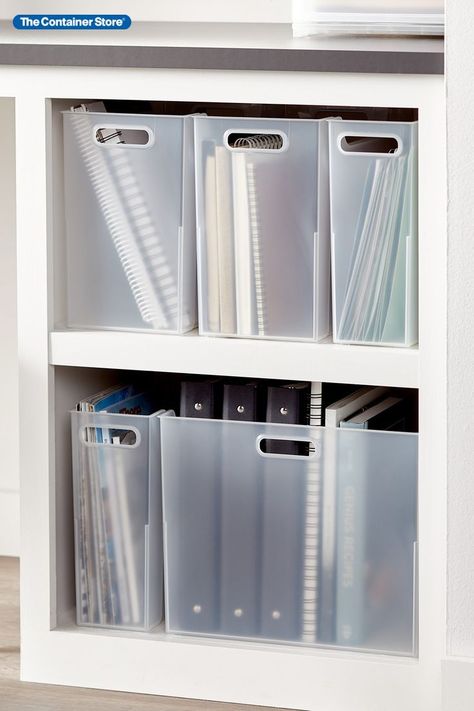 With the modular Shimo Collection, taking a minimalist approach to storage can give you maximum flexibility. These tall bins are durable and easy to carry so you can use them for a variety of functions. Line them up on a shelf to organize large items, notebooks, files or office supplies.They are ideal for storing crafts, toys or linens. Their sleek, translucent design looks great with any style. Integrated handles keep everything portable. Office Supplies Closet, Small Office Organization, Notebook Storage, School Supply Storage, Home Office Shelves, Desk Organisation, Office Organisation, Office Supply Storage, Dorm Storage