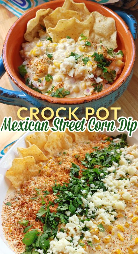 A creamy, cheesy slow cooker party dip recipe with all the flavors of hot Mexican Street Corn Crockpot Mexican Street Corn Soup, Mexican Street Corn Crockpot Recipe, Mexican Street Corn Dip Crock Pot Easy, Easy Crock Pot Appetizers For A Party, Slow Cooker Taco Dip, Crock Pot Street Corn Dip, Elote Dip Crockpot, Crockpot Mexican Street Corn Dip, Crockpot Street Corn Dip