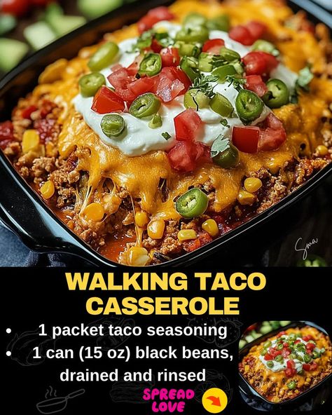 Walking Taco Casserole Taco Casserole With Doritos, Casserole With Black Beans, Taco Salad Casserole, Dorito Taco Casserole, Walking Taco Casserole, Beef Tips And Noodles, Baked Meatloaf, Walking Taco, Dorito Casserole