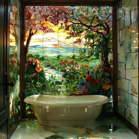 Transform your bathroom into a tranquil haven with nature-inspired stained glass windows. Vibrant leaves, flowers, and birds create a calming ambiance, inviting moments of serene contemplation amidst daily routines. Conceptual AI Art Follow @ecosapiens for more! Glass Bathroom, Daily Routines, Stained Glass Art, Stained Glass Windows, Bathroom Inspiration, Glass Window, Nature Inspired, Nature Inspiration, Stained Glass