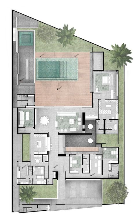 Gallery of MV House / Studio Guilherme Torres - 29 Architecture Rendering Photoshop, Rendered Floor Plan, Architecture Drawing Plan, Interior Architecture Drawing, Courtyard House Plans, Architectural Floor Plans, Villa Plan, Architecture Collage, Architectural House Plans