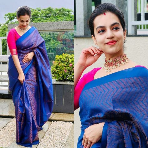 For more details watsapp me on 8320723895 Lounching Our Premium Catalogue* Catalogue Name:-💙Magic Blue💙 🥰 Hey Ladies Drape Yourself In A Dark ROYAL BLUE SOFT SILK Saree Wity CONTRASTING PINK KANJIVARAM Blouse & Golden Zari Weaving 💰 Rate:-699+Shipping 🥻 Saree:- Soft R Blue Traditional Kanjivaram Silk saree Blouse:- Beautiful Heavy Weaving Work With Contrast Colour Blouse Featured in a Royal Blue 💙 Kanjivaram saree with a solid body with Zari border with intricate detailing.!. Blue Saree Contrast Blouse, Blue Kanjivaram Saree, Kanjivaram Blouse, Saree Contrast Blouse, Blue Silk Saree, Dark Royal Blue, Kanjivaram Saree, Silk Saree Blouse, Designer Outfits