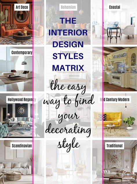 The interior design styles matrix: The easy way to find your decorating style Finding Your Interior Design Style, Find Your Home Decor Style Quiz, What Is My Decor Style, What Is My Design Style Quiz Home Decor, Decor Styles Types Of, What Is My Decorating Style Quiz, What Is My Design Style, Decorating Styles Find Your Quiz, Home Decor Styles Quiz