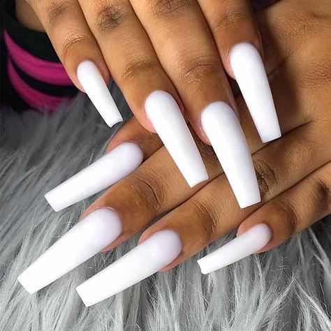 Long White Nails, Matte Acrylic Nails, Shiny Nails Designs, White Coffin Nails, Long Press On Nails, White Acrylic Nails, Long Acrylic Nails Coffin, Coffin Nails Long, Acrylic Nails Coffin