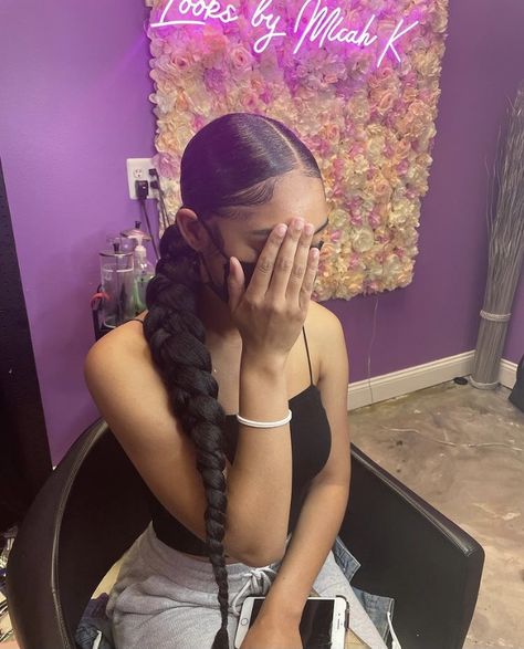 Slick Back With Braid Ponytail, 2 Part Braided Ponytail, Pony Tail Braid For Black Women, Middle Part Sleek Braided Ponytail, Low Slick Braided Ponytail, Long Braid For Black Women Ponytail, Low Middle Part Braided Ponytail, Two Braid Ponytail Hairstyles, Low Twisted Ponytail