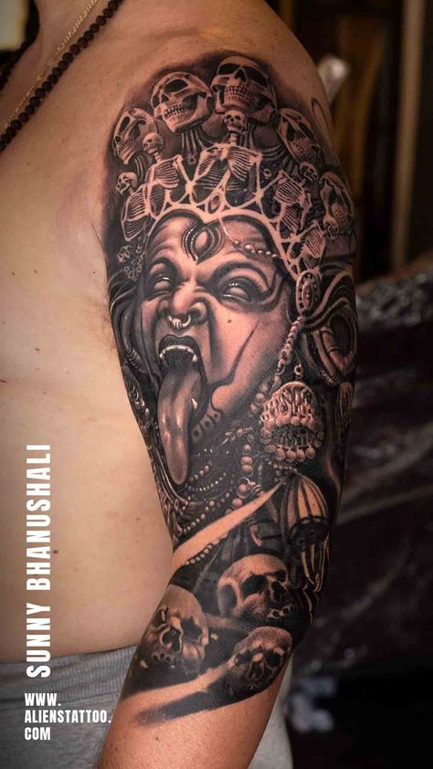 Intricate Realistic Kali tattoo by Sunny Bhanushali at Aliens Tattoo India Kali Ma Tattoo, Kali Tattoos, Maa Tattoo Designs, Aliens Tattoo, Yantra Tattoo, Kali Tattoo, Hindu Tattoos, Ma Tattoo, Colour Tattoo