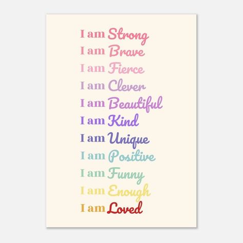 This custom affirmation children's poster is the perfect addition to a girls bedroom. Inspiring them to feel positive each day, this print features a selection of positive, motivational quotes in rainbow colours. This print follows our 'She is Fierce' Theme in rainbow colours and a simple design, this print is incredibly eye-catching and will look stunning in any strong-minded girl's bedroom, nursery, playroom, office, or study. Positive Affirmation Print, Kids Positive Affirmation Poster, Rainbow Wall Art, Children's Affirmation Print, Girls Bedroom Poster Prints are available in several sizes. Please select carefully when ordering. ALTERNATIVE FORMAT This print can be created in other colours and sizes. Please message me with your enquiry. ABOUT THE PAPER Made on our lighter-weight, unco Positive Motivational Quotes, Affirmation Posters, Rainbow Wall Art, She Is Fierce, Nursery Playroom, Rainbow Colours, Girl Posters, Words Of Affirmation, Feeling Positive