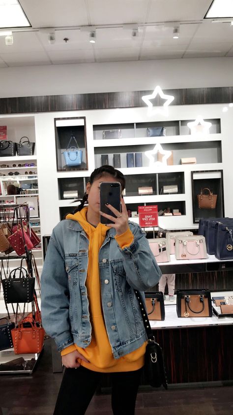 french braids, yellow hoodie, jean jacket ✨ Jean Jacket With Sweatshirt, Fits With Jean Jackets, Hoodie With Jean Jacket Outfit, Jean Jacket And Hoodie Outfit, Hoodie Jean Jacket Outfit, Jean Jacket Hoodie Outfit, Yellow Jean Jacket Outfit, Jean Jacket Over Hoodie, Hoodie And Jean Jacket Outfit