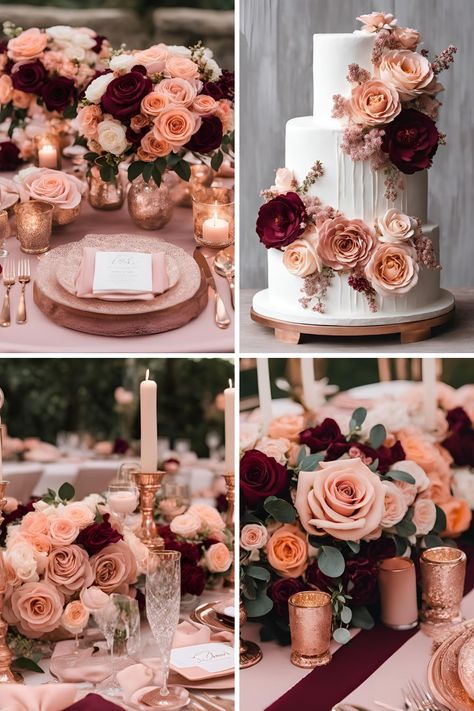 Rose Gold and Burgundy Wedding: Beautiful Rose Gold, Burgundy, Peach, and Pink Ideas - Francisca's Bridal Rose Gold And Burgundy Wedding, February Wedding Colors, Marsala And Gold Wedding, Rose Gold And Burgundy, Pink And Burgundy Wedding, Gold And Burgundy Wedding, Burgundy Wedding Theme, Burgundy Wedding Colors, Burgundy And Blush Wedding