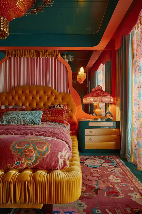 Funky Retro Bedroom, Vintage Decor Bedroom, Retro Bedroom Ideas, 70s Bedroom, Pinterest House, 60s House, Colourful Decor, Retro Bedroom, Decor Bedroom Ideas