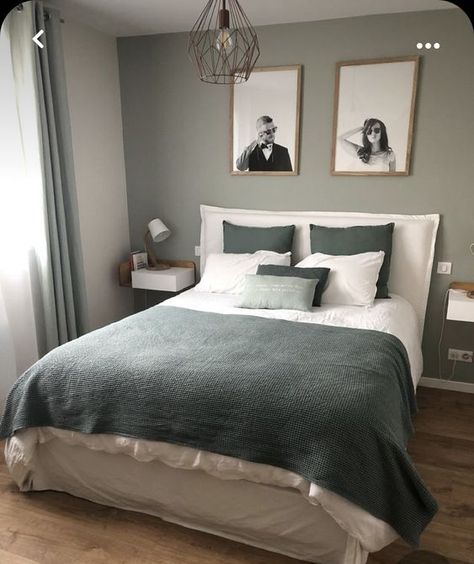 Sage And Silver Bedroom, Pale Green Bedroom Aesthetic, Sage Minimalist Bedroom, Bedroom Inspo Green, Parents Bedroom Design, Green Bedroom Walls, Gray Bedroom Walls, Sage Green Bedroom, Green Bedroom