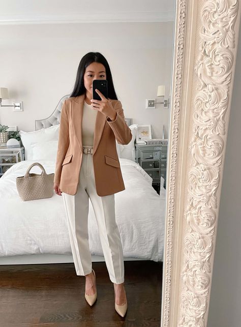 Beige Professional Outfit, Beige Blazer Formal Outfit, Office Outfits Blazer, Neutral Colour Outfits Classy, Nude Work Outfit, Blazer Outfits Petite Women, Tan Blazer Outfits Women Office Wear, Feminine Blazer Outfit, Tan Blazer Outfits Women Work