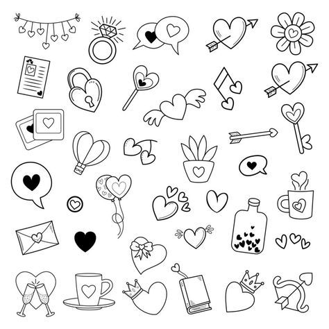 Love doodle vector set. Cute Valentines Doodles Easy, Cute Drawings Simple Doodles Love, Cute Heart Doodles Aesthetic, Cute Small Love Drawings, Vday Doodles, Valentines Line Art, Quick Drawings Easy Doodles, Simple Doodles Love, Cute Doodles Aesthetic Love