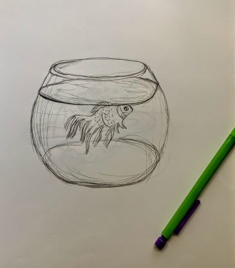 Fish In Bowl Drawing, Fish Bowl Sketch, Fishbowl Sketch, Fish Bowl Drawing, Bowl Sketch, Music Sketch, Fish Sketch, Baby Fish, Journal Inspo