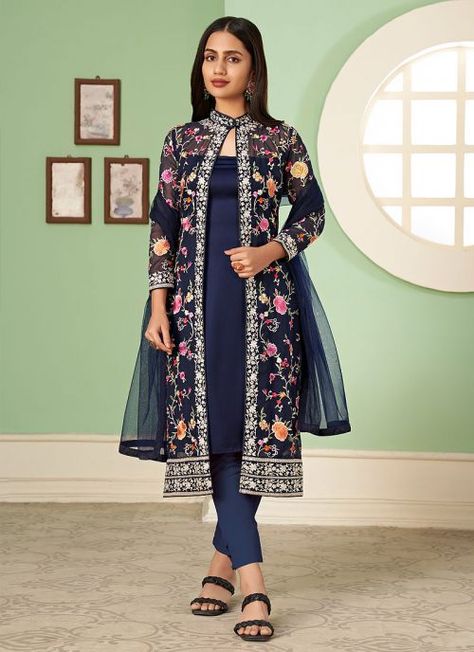 Blue Floral Embroidered Jacket Style Suit Georgette Jacket, Silk Wedding Gown, Celana Fashion, Georgette Material, Lehenga Suit, Gown Suit, Jacket Suit, Pakistani Salwar Kameez, Embroidered Pants