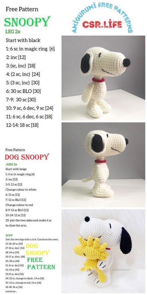 Dog Snoopy Amigurumi Free Pattern - Csr.life | Crochet toys free, Crochet animals free patterns, Amigurumi free Peanuts Crochet Pattern Free, Amigurumi Snoopy Free Pattern, Dog Amigurumi Keychain, Snoopy Amigurumi Free Pattern, Peanuts Crochet, Crocheted Stuffed Animals, Crochet Dog Patterns, Desain Buklet, Quick Crochet Patterns