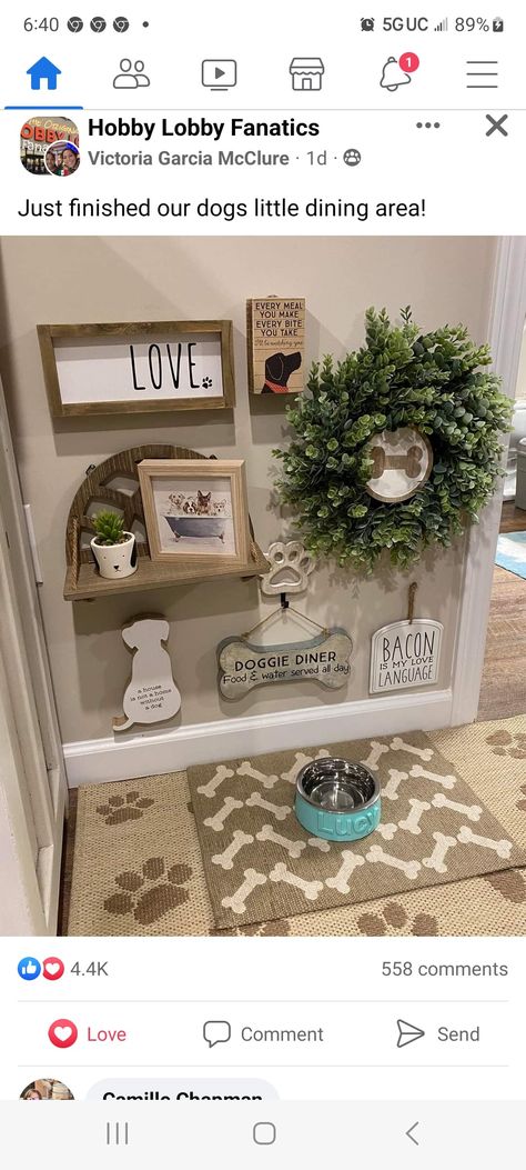 Dog Food Decor Ideas, Dog Interior Ideas, Puppy Area In Bedroom, Pet Feeding Area Ideas, Dog Dining Area, Dog Feeding Area Ideas, Pet Eating Area, Doggy Corner In Living Room, Living Room With Dogs Decorating Ideas