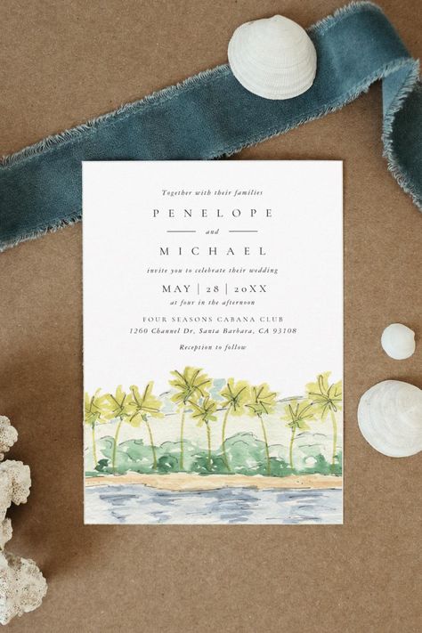 Beach Palm Trees Tropical Watercolor Wedding Invitation Tropical Bridal Shower Invitations, Watercolor Bridal Shower Invitations, Modern Bridal Shower Invitations, Wedding Announcement Cards, Beach Bridal Showers, Watercolor Wedding Invitation, Tropical Watercolor, Tropical Bridal Showers, Modern Bridal Shower