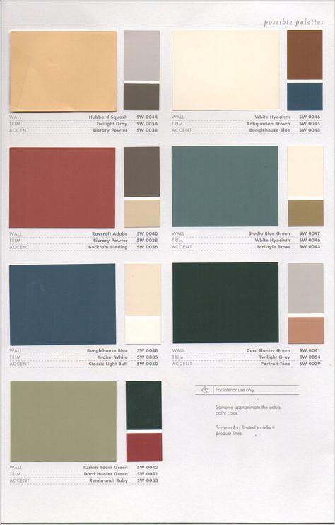 Interior Color Combos - Sherwin-Williams Arts and Crafts Historic Colors Craftsman Interior Paint Colors, Craftsman Paint Colors, Historic Paint Colours, Craftsman Colors, Exterior Color Combinations, Dunia Disney, Paint House, Historic Colours, House Paint Color Combination