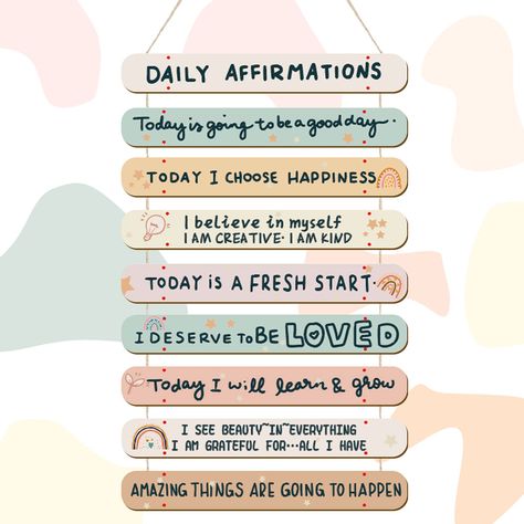 PRICES MAY VARY. What You Receive: you will receive 1 piece of positive affirmations wall decor consisting of 9 inspirational wall plaques, which is strung with string, and designed in fresh color schemes with cute motifs and inspirational quotes, ideal for you to decorate wall, home, school and more Motivational and Positive Quotes Design: these affirmation wall decor is characterized by inspiring words, such as [today is going to be a good day], [today I choose happiness], [i believe in myself Affirmations Wall Decor, Kids Affirmations, Affirmations Wall, Boho Apartment, Wall Art For Kids, Wall Art Motivational, Quote Decor, Daily Positive Affirmations, Inspirational Quotes For Women