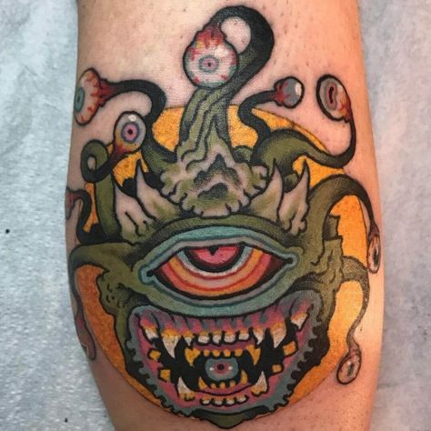 Beholder Tattoo, Dungeon Tattoo, Places For Tattoos, Belly Tattoo, Traditional Flash, Tattoo Traditional, Chest Piece, Popular Art, Designer Throws